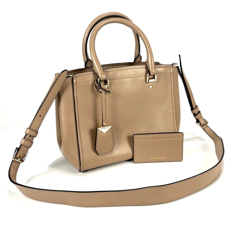 Michael Kors Benning Leather Shoulder Bag Handbag Tan Crossbody Purse Taupe Tote